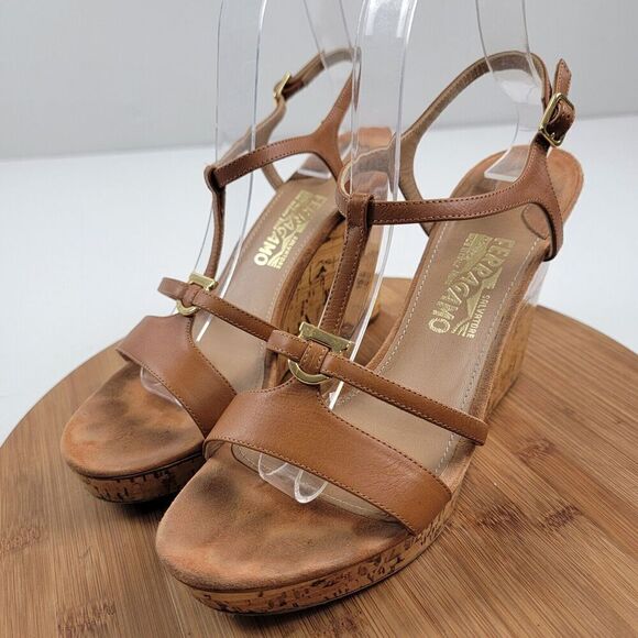 Salvatore Ferragamo Platform Cork Wedges Brown Leather Sandals Size 8.5 B Italy - Picture 1 of 16